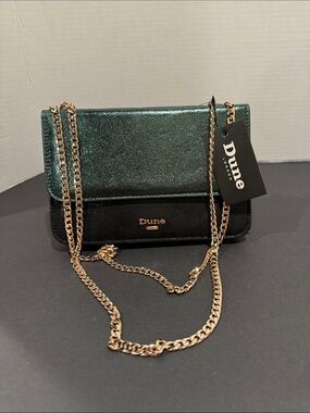 Dune London Emerald Green and Black Metallic clutch with gold chain